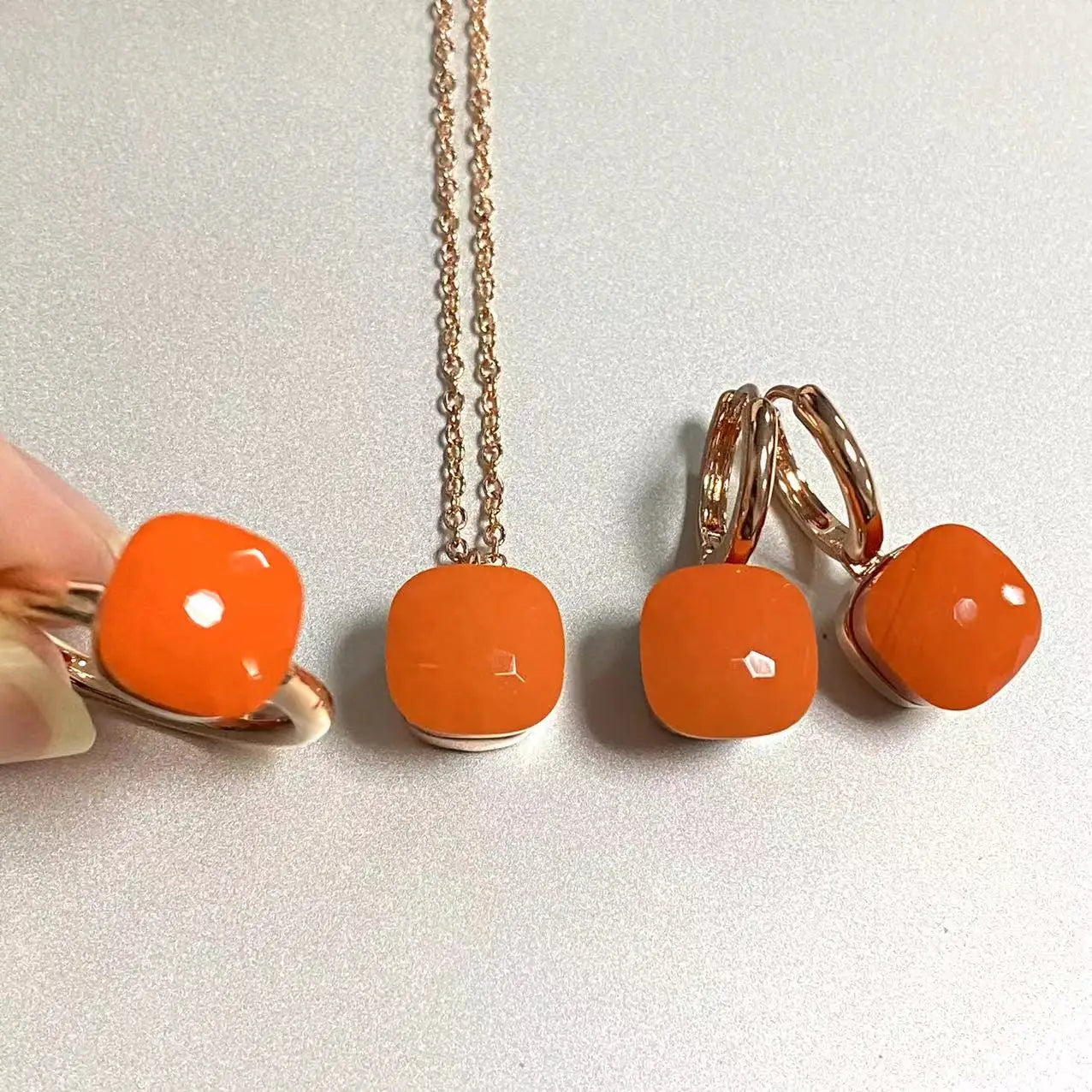 3Pcs/Set Women Ring Earrings Necklace Jewelry Set 34Colors Pink Crystal Jewelry Set Rose Gold Plated Jewelry