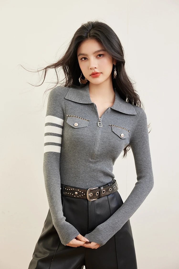 H Han Queen Spring Autumn Zipper Tops Slim Knitted Bottom Shirt Women's Sweater Striped  Casual Knitted Pullover Sweater