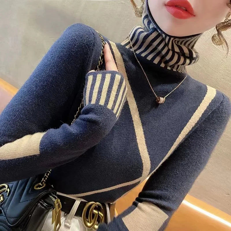 Women's Clothing Fashion All-match Turtleneck Long Sleeve Sweaters Autumn Winter Elegant Chic Slim Knit Pullovers Lady Y2k Tops