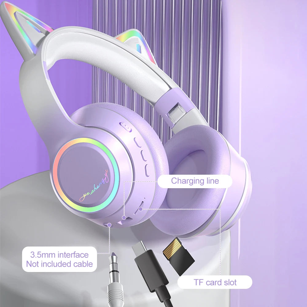 Gradient Wireless Headphones RGB Cat Ear Bluetooth Headphones With Microphone Stereo Music Game Earphone For Girls Kids Gifts