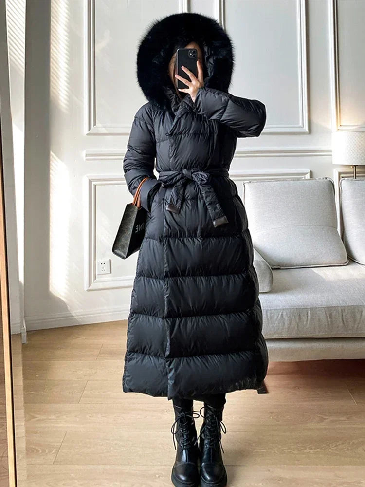 Real Fur Jacket 2024 Winter Women White Duck Down Jackets Ultra Light Warm Long Parkas Fox Fur Collar Female Hooded Snow Coats