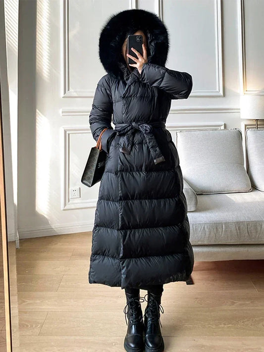 Real Fur Jacket 2024 Winter Women White Duck Down Jackets Ultra Light Warm Long Parkas Fox Fur Collar Female Hooded Snow Coats