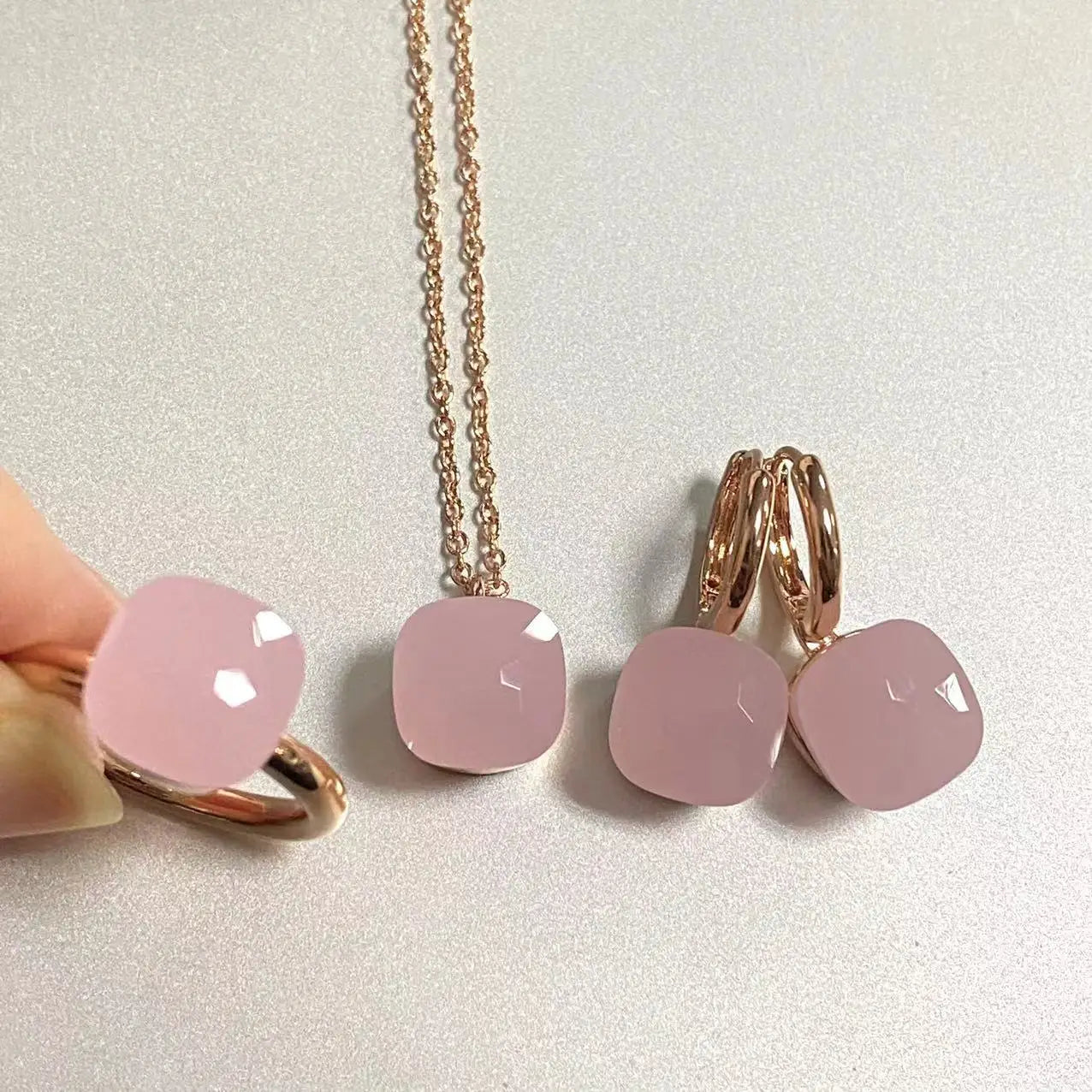 3Pcs/Set Women Ring Earrings Necklace Jewelry Set 34Colors Pink Crystal Jewelry Set Rose Gold Plated Jewelry