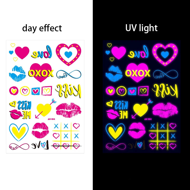 Luminous Temporary Tattoos Stickers Fluorescent Neon In Dark Illuminate Tattoo Elephant/Love Heart Shoulder Tattoo Party Sticker