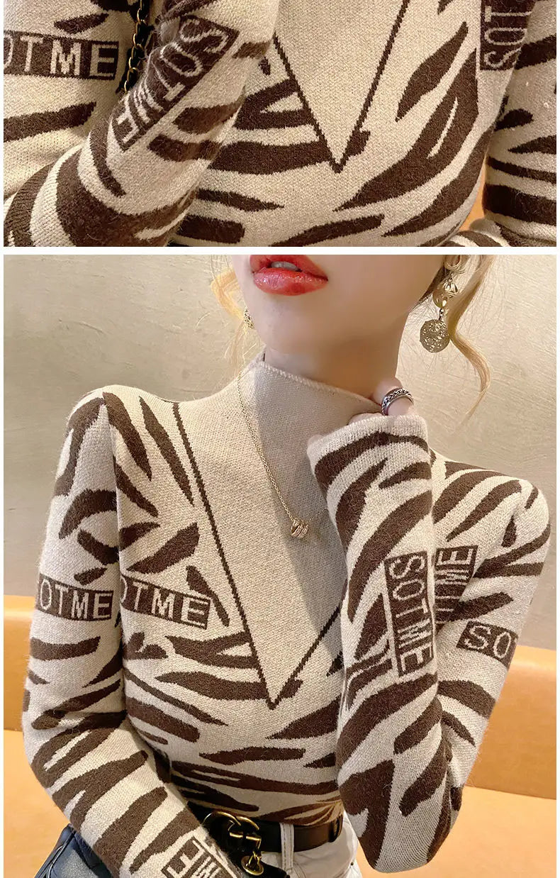 Autumn Office Lady Patchwork Knitting Turtleneck Long Sleeve Pullovers Women Clothes Fashion Letter Slim Top Tee Ladies Sweater
