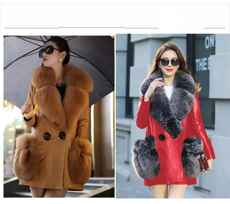2025 Plus Cotton Velvet Big Fox Fur Collar Leather Coat PU Leather Jacket Coat Women's Fur Mid-length Coat Jacket