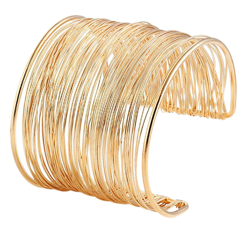 Vintage Hyperbolic Layered Gold Plated Wide Wire Bracelet Cuff Bangle for Women Exaggerated Wrist Wrap Bangle Hand Jewelry Gift
