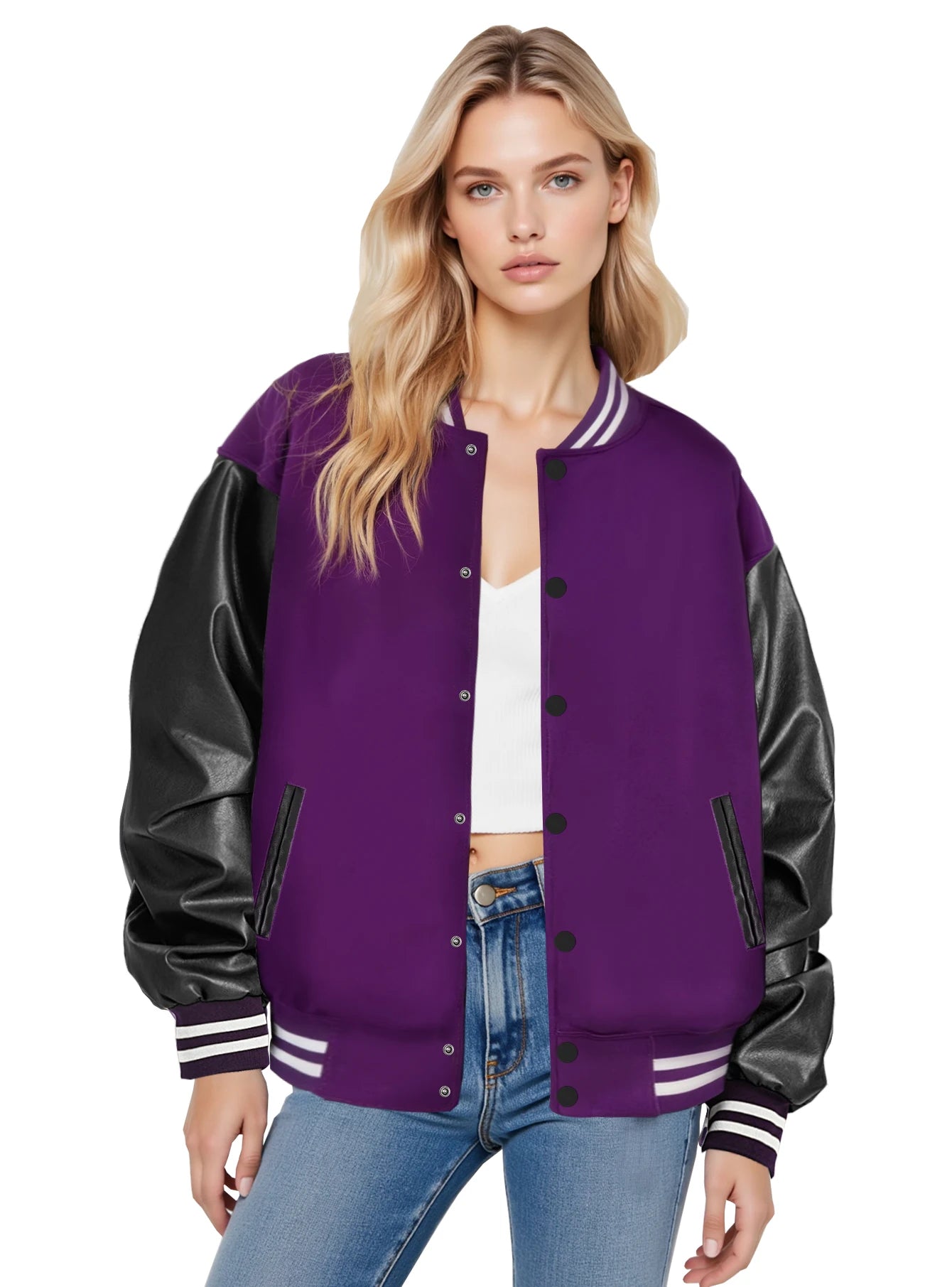 Women's Varsity Jacket with PU Leather Sleeves Fashionable Comfort Design Multiple Colors Available Perfect for Casual Wear
