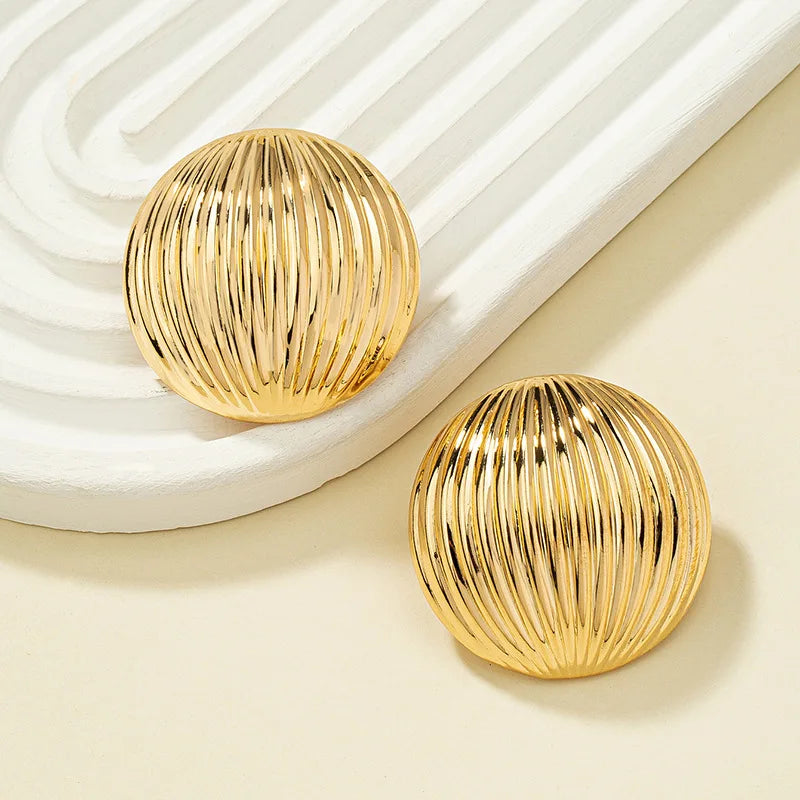 HUANZHI Trendy Punk Style Round Large Earrings for Women Girls Gold Color Metal  Exaggerated Geometric Stripe Party Jewelry