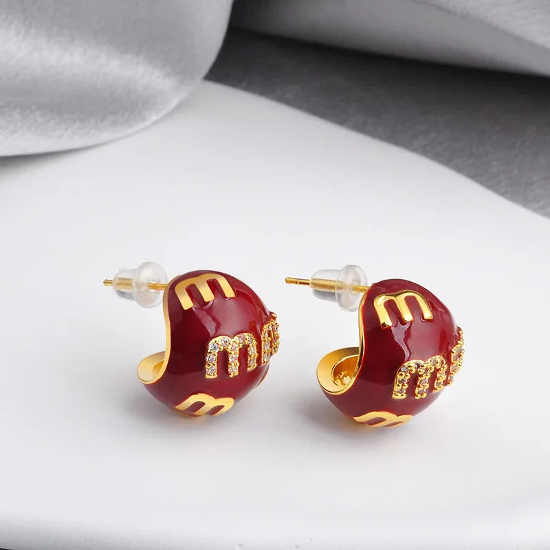 2025 Korea New Design Fashion jewelry 18K gold plated enamel letter M earrings elegant women's daily commute accessory