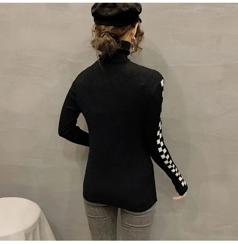 Pile Collar Plaid Bottoming Shirt Female New Autumn Winter Temperament All-match Sweater Interior Lapping Slim Turtleneck Tops