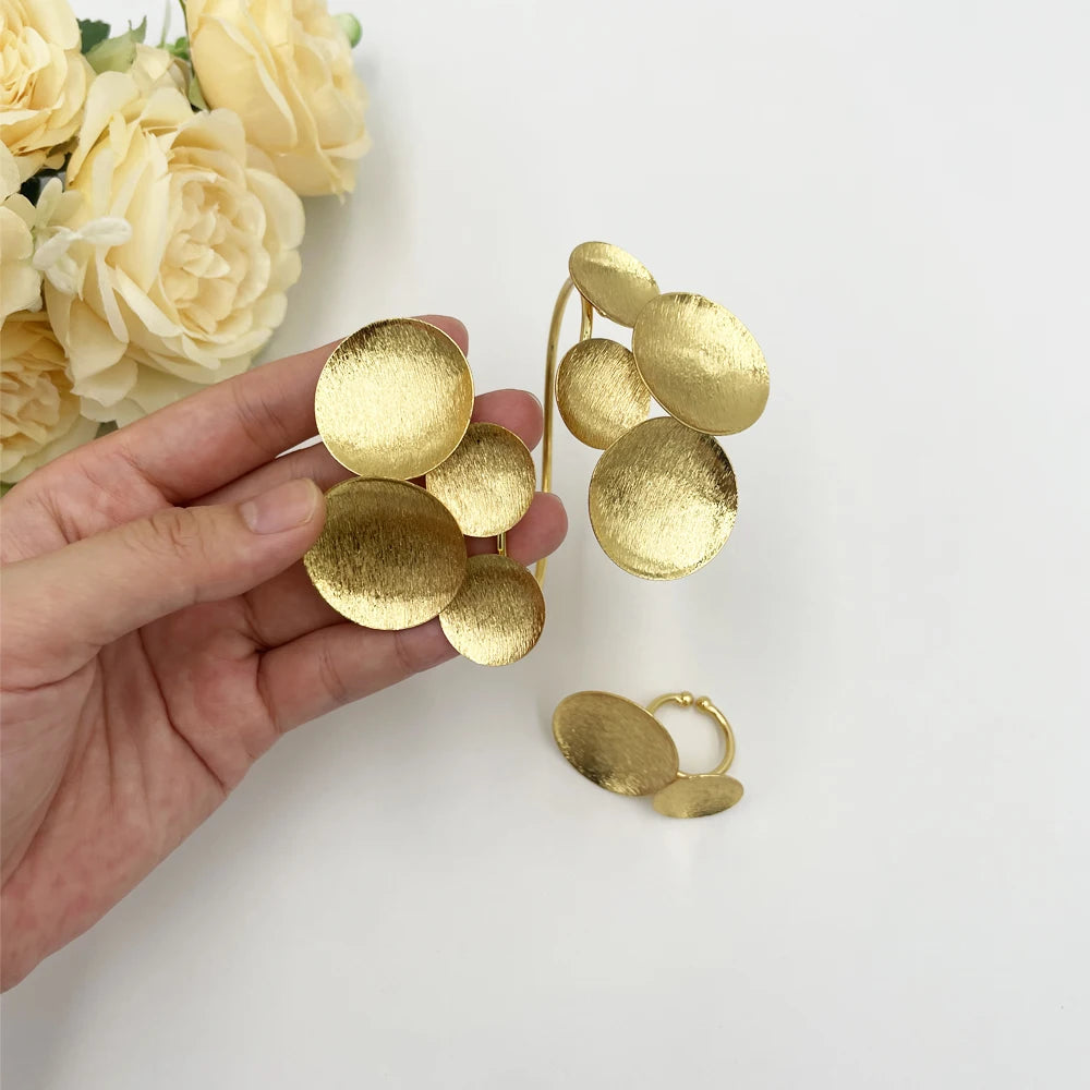 Arab Luxury Gold Plated Bracelet Ring Bold Design Copper Large Bangle Jewelry Set Women Fashion Christmas Gift Wedding Jewelry