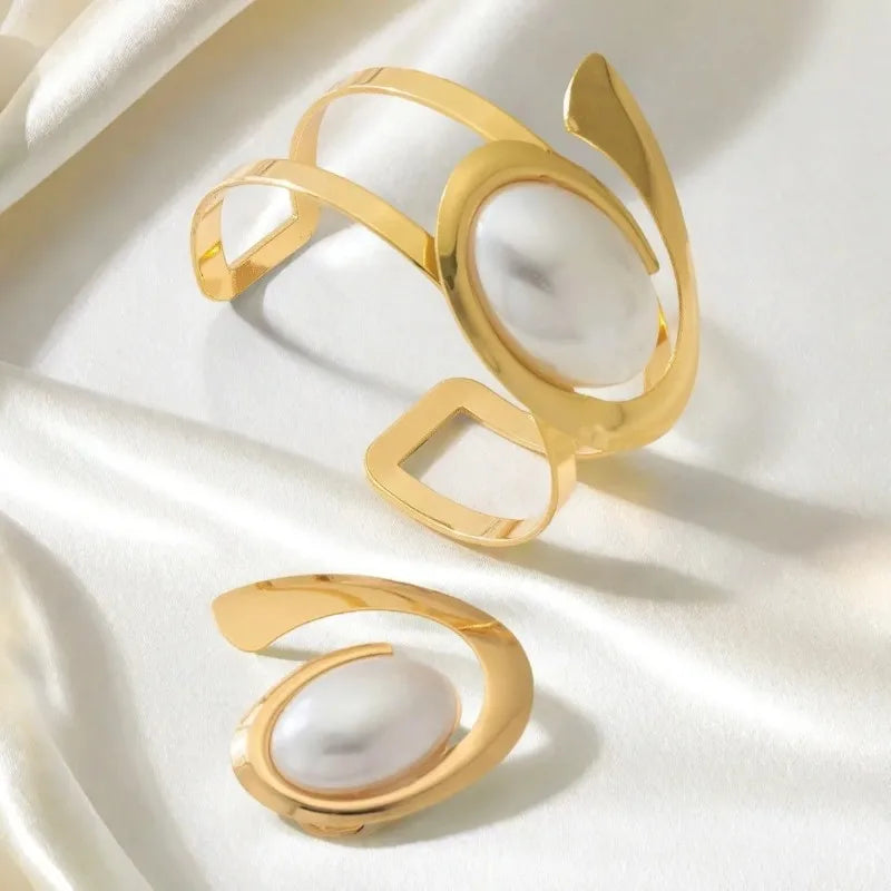 Exaggerated Pearl Spiral Bracelet Ring Set For Women Girls Personality Geometric Fashion Jewelry Holiday Party Gift OL S247