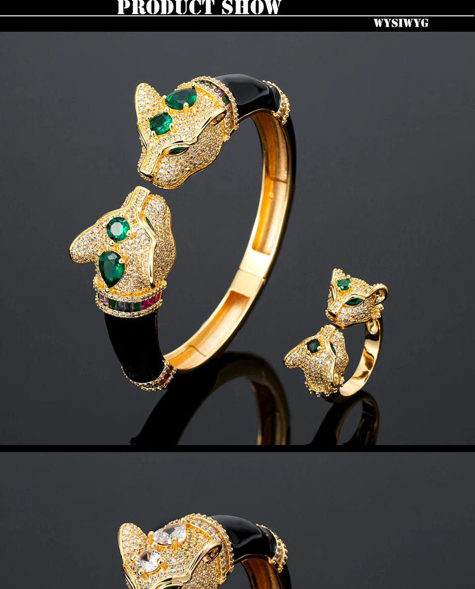 Ms High Quality Jet Leopard Animal Fashion Bangle Wtih Ring Women‘s Bridal Jewelry set Fine AAA Cubic Zirconia Bangle Bracelet