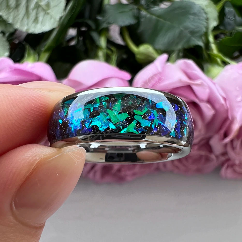 MenBand Fashion New Arrivals 8MM Tungsten Wedding Band Ring Middle Groove Inlaid With Blue Opal Domed Polished Comfort Fit