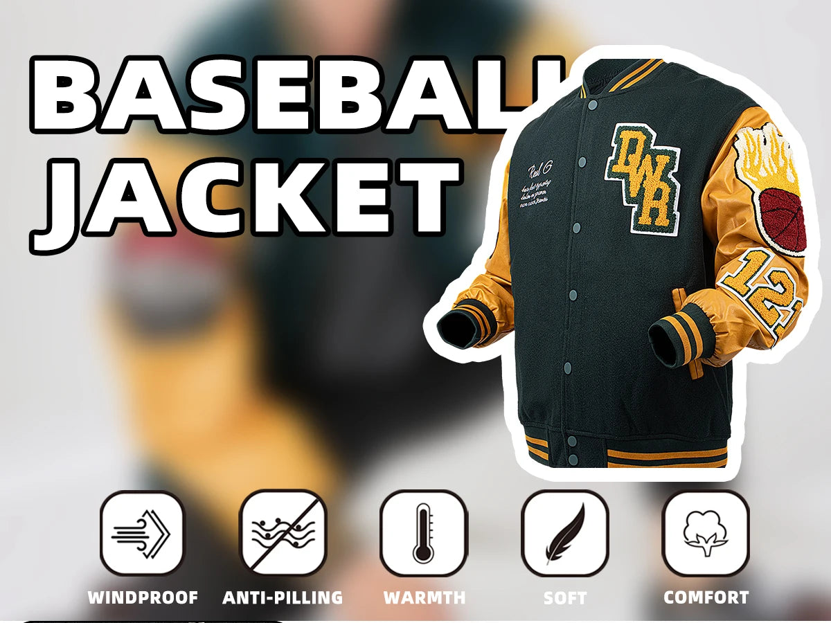 Mens Casual Jacket Bomber Embroidered Varsity Jacket Windbreaker BomberStyle Flaming Basketball Color Block Outwear