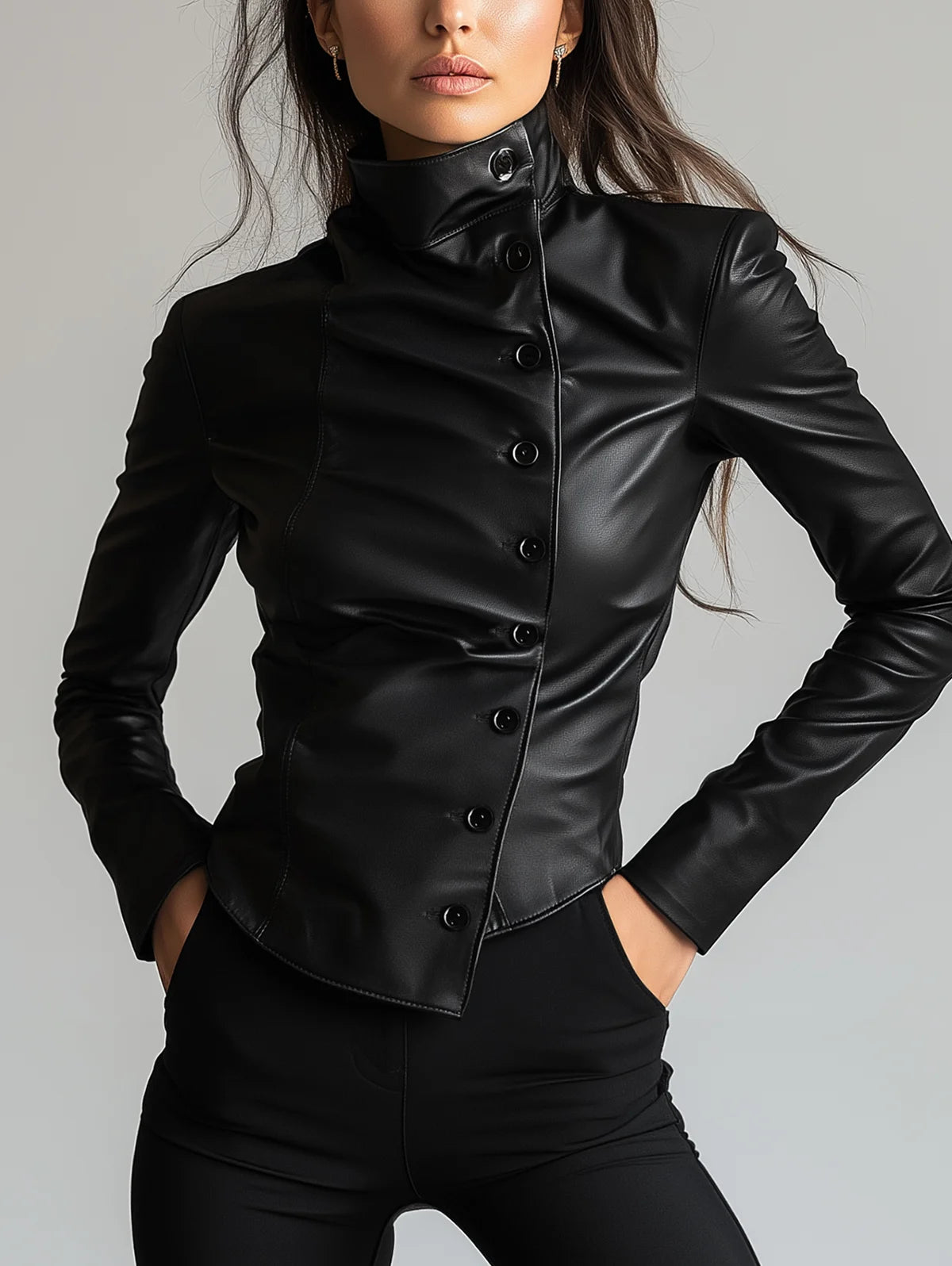 Women's PU Leather High Neck Slant Button Long Sleeve Jacket Black Slim Fit PU Clothes Streetwear Windproof Motorcycle Clothing