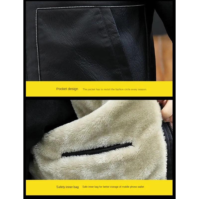 2026 Men's PU Leather Jacket Slim Fit Fur Collar Motorcycle Biker Jacket Warm Winter Coat for Men Windproof Zipper