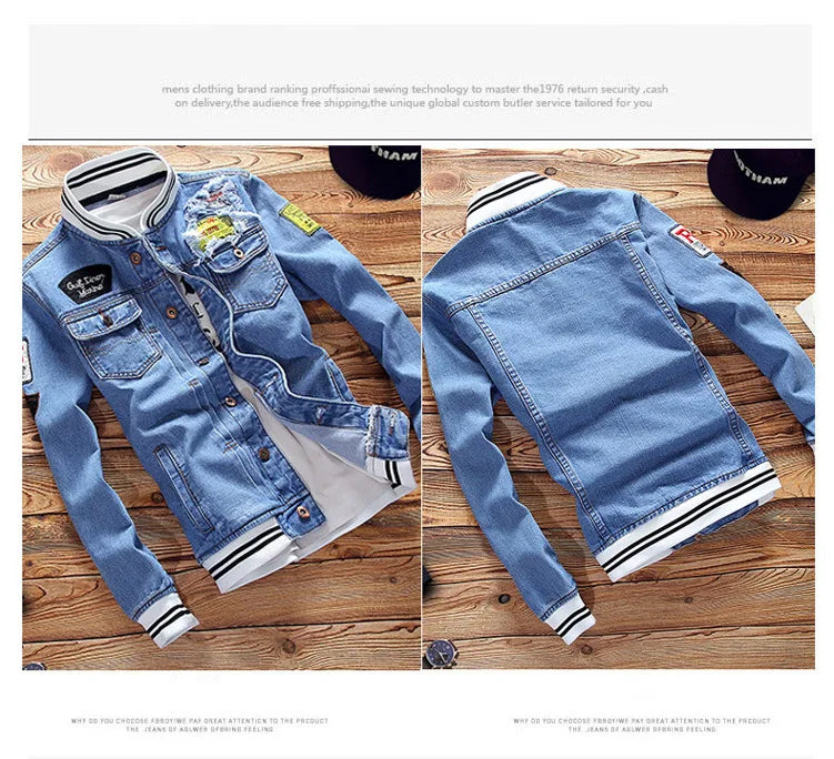Denim Jacket Men Sportswear Outdoors Male Streetwear Spring Casual Slim Fit Stand Collar Pilot Jackets