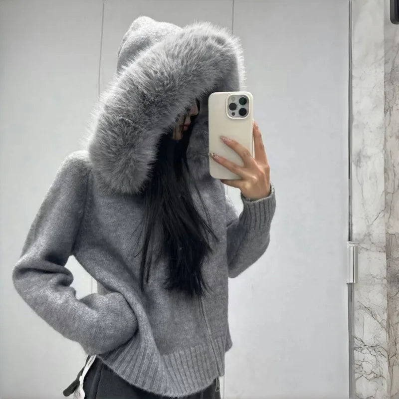 2025 Autumn Casual Fur Collar Sweater Coat Women's Solid Loose Long Sleeve Zippers Pullover New Ladies Fashion Office Tops