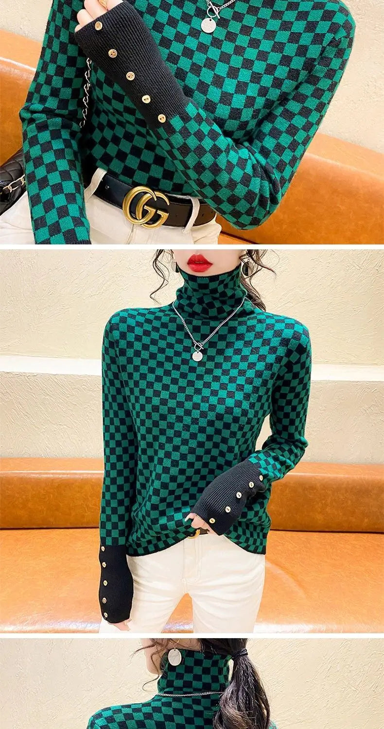 Women's Clothing Elegant Fashion Plaid Knit Pullovers Autumn Winter Vintage All-match Long Sleeve Patchwork Sweater Lady Y2k Top