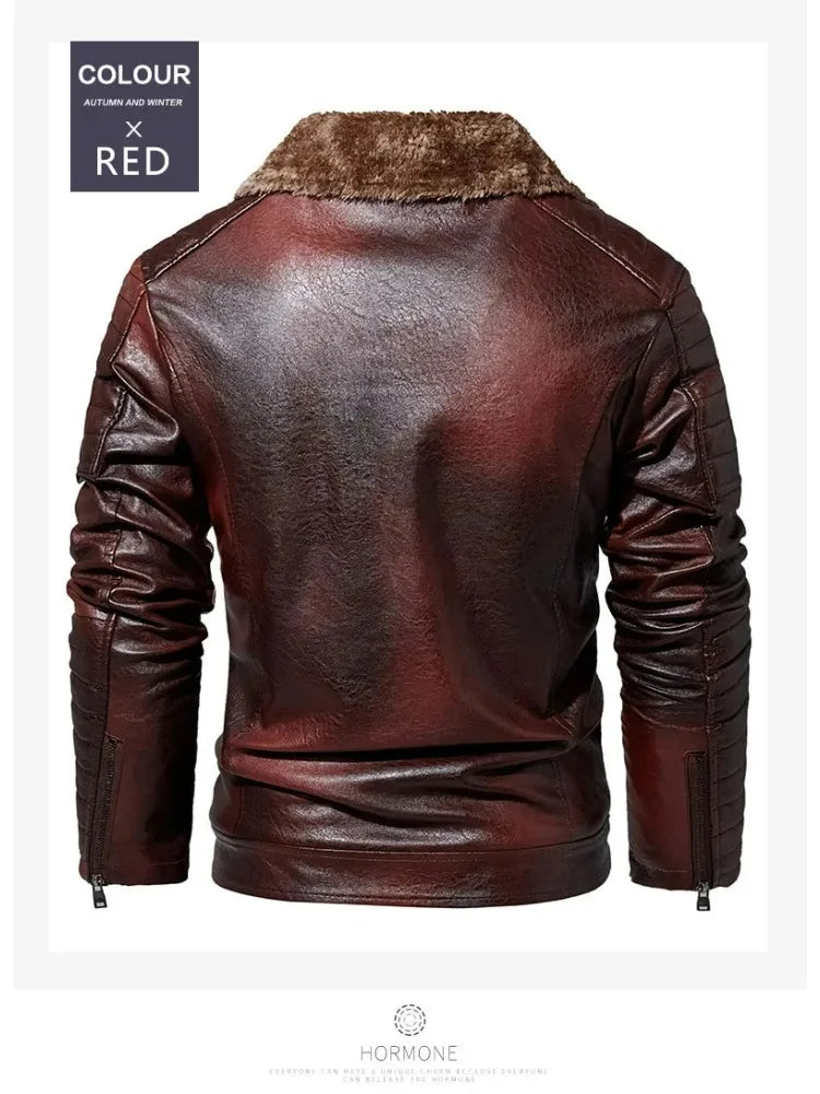 Fashion Warm Winter Mens PU Leather Jacket With Fur Collar Thicken Fleece Motorcycle Coat Casual Faux Leather Locomotive Jacket