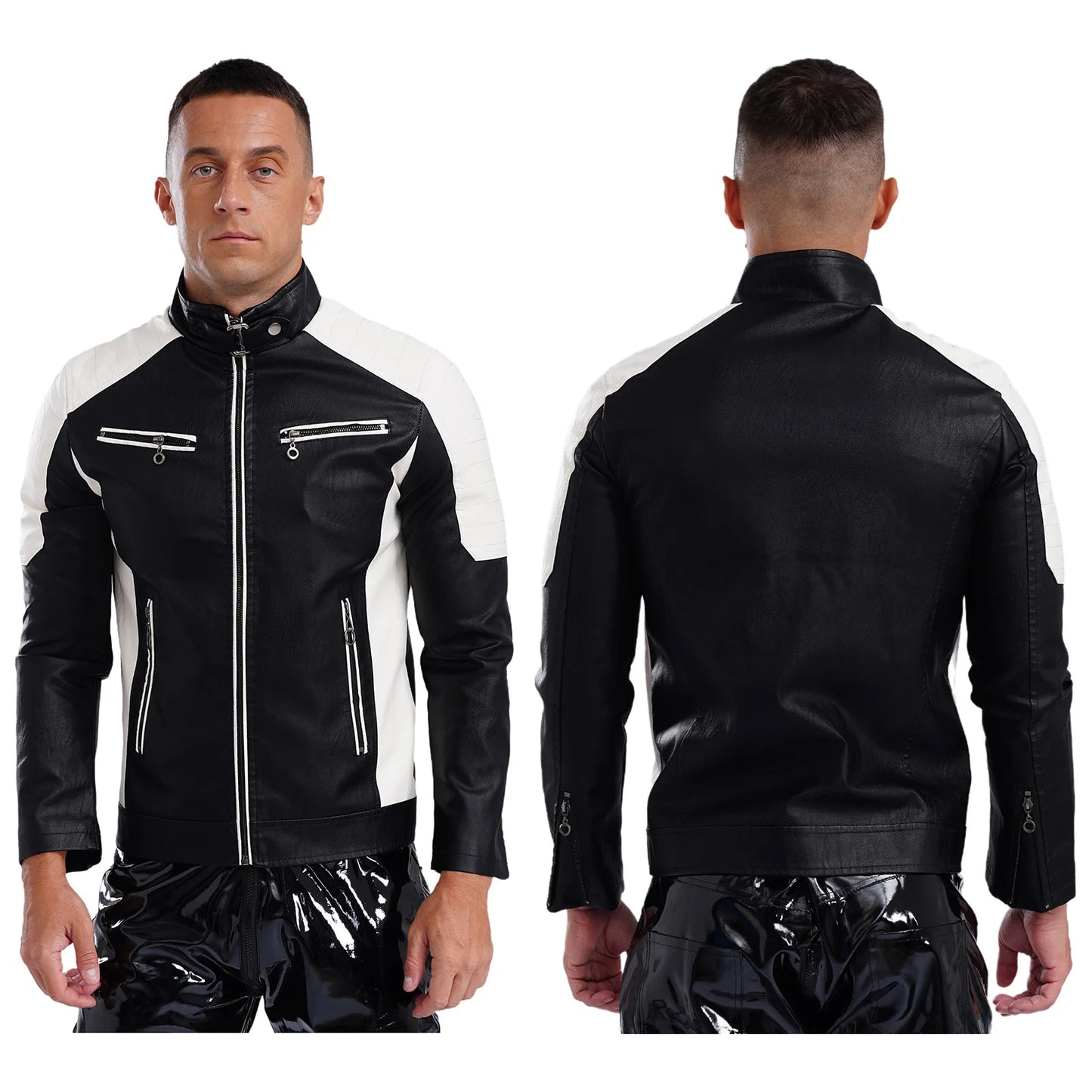 Mens Racing PU Leather Jackets Coat Long Sleeve Front Zipper Outerwear Windproof Motorcycle Biker Racer Bomber Jacket Streetwear