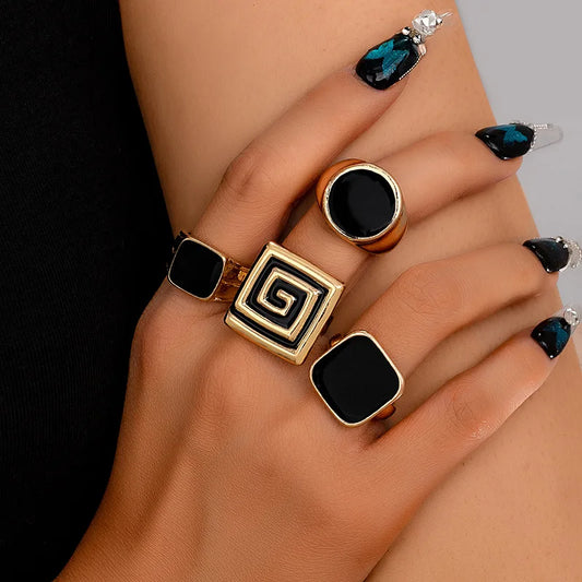 Round and Square Black Enamel Glaze Ring Women Girls Product Fashion Jewelry Hot Sale Party Gift 2025 New Style