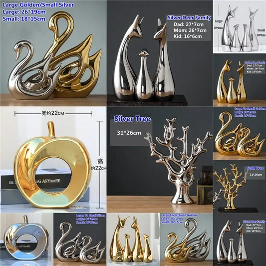 Ceramic Electroplating Ornaments Nordic Ins Cabinet Decorations Home Porcelain Deer/Swan Family Apple Shape Figurines