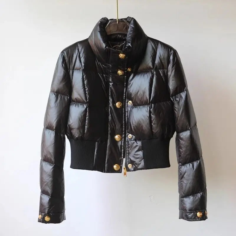 High-end Korean Short Winter Jacket Women Stand-up Collar Warm Parka Puffer Jacket Light Coat Outdoor Windproof Outerwear Button