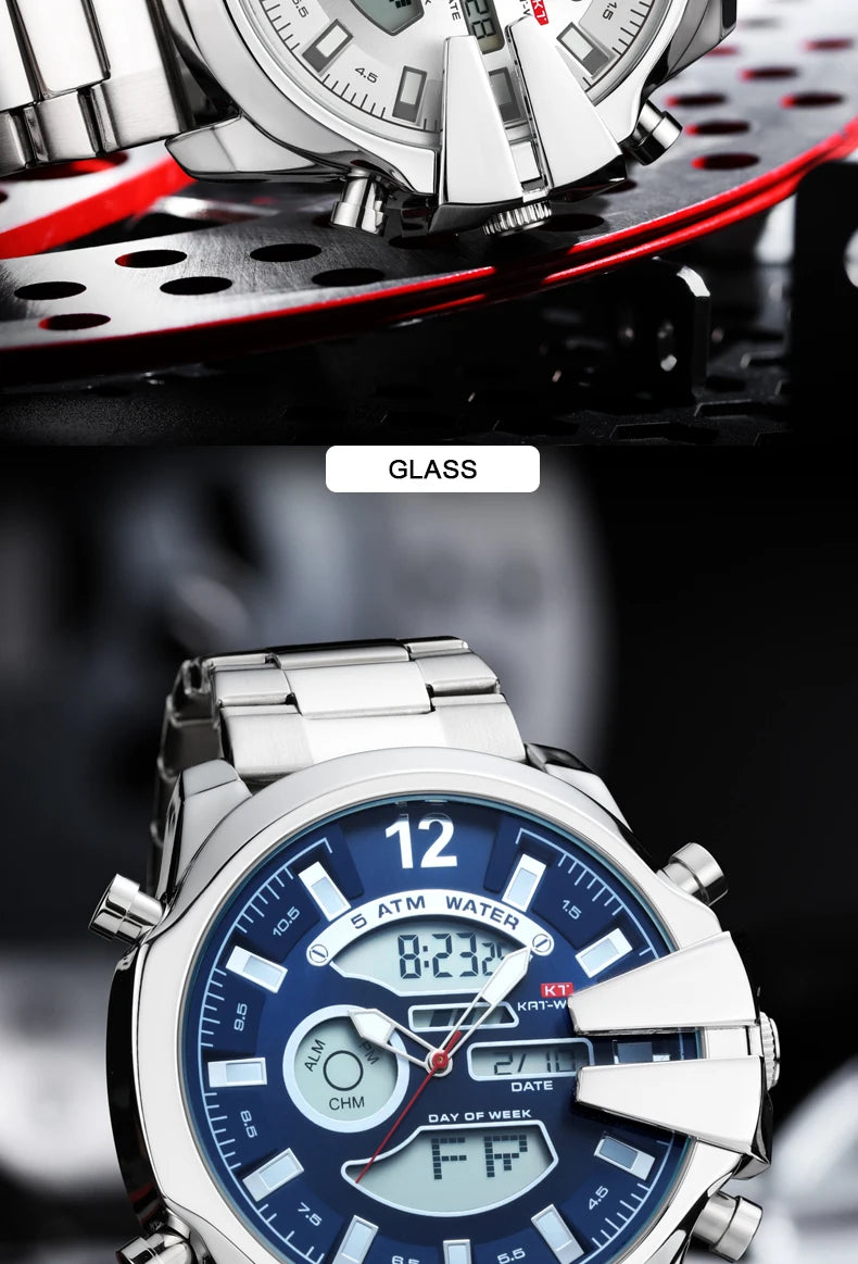 KAT-WACH double display men's watch multi-color steel strip watch led light alarm clock calendar week display