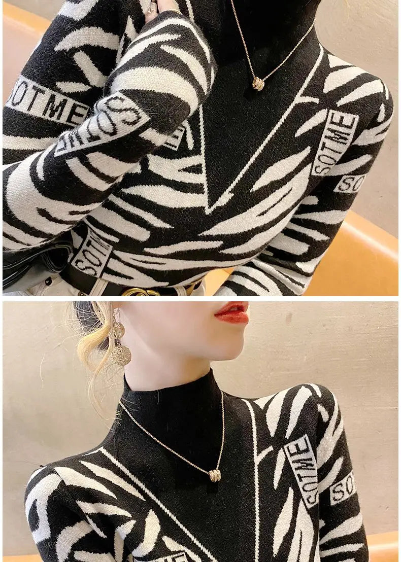 Autumn Office Lady Patchwork Knitting Turtleneck Long Sleeve Pullovers Women Clothes Fashion Letter Slim Top Tee Ladies Sweater