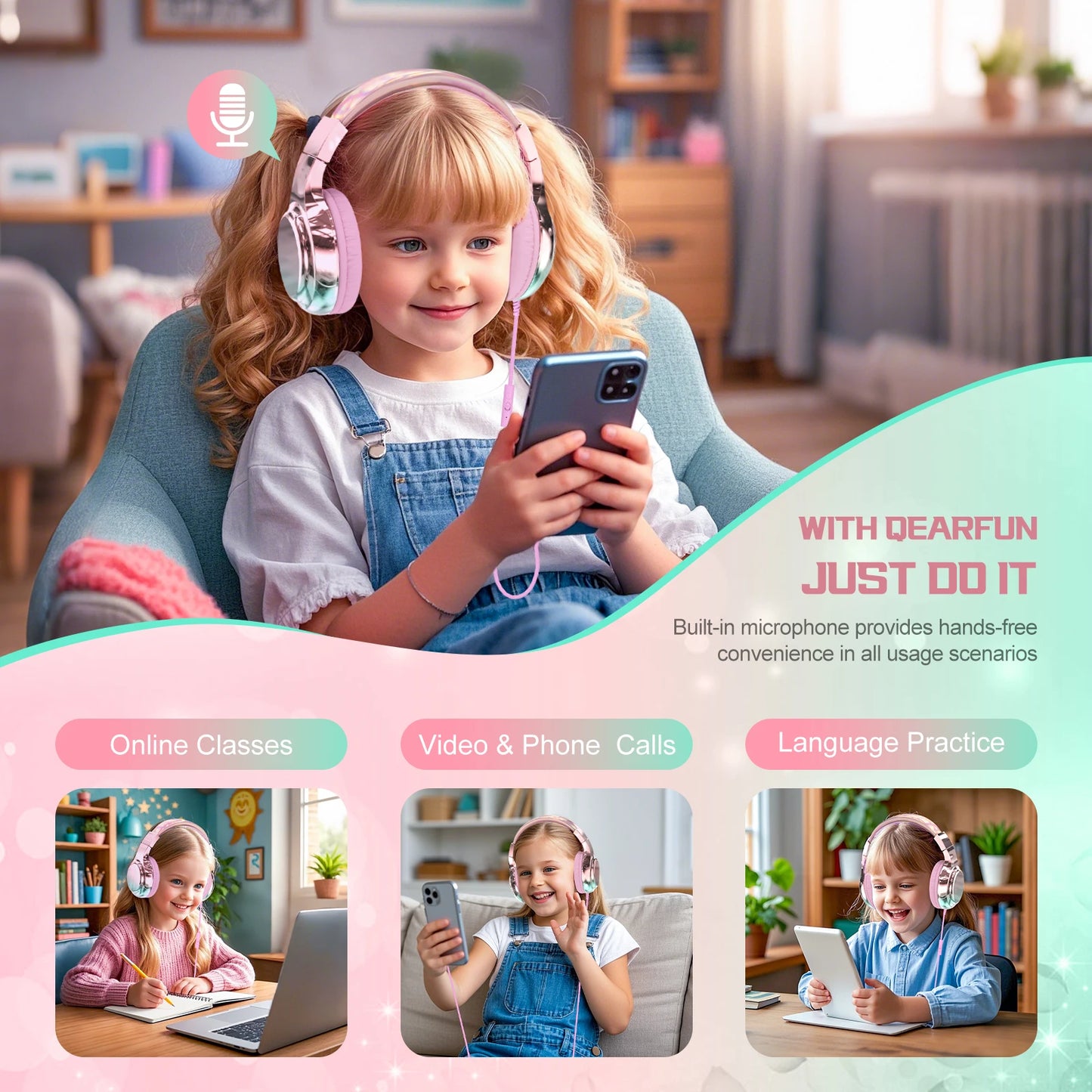 Stylish Soundproof Kids Wired Headphones For Toddler Preschool, 3.5mm Jack, 85/94dB Volume limited Headset For Travel Homeschool