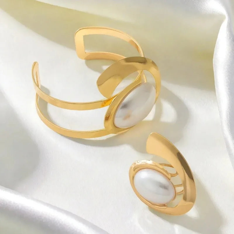 Exaggerated Pearl Spiral Bracelet Ring Set For Women Girls Personality Geometric Fashion Jewelry Holiday Party Gift OL S247