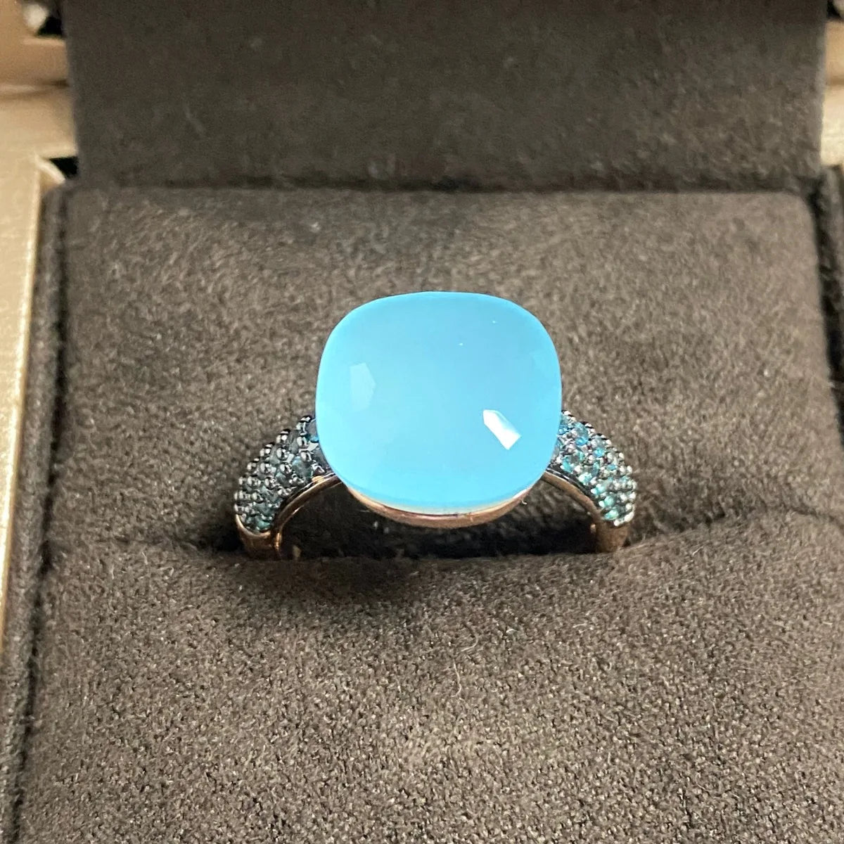 Blue Topaz Ring Inlay Black Zircon With Black Gun Plated 12.6mm Flat Crystal Ring For Women Party Fashion Jewelry Gift