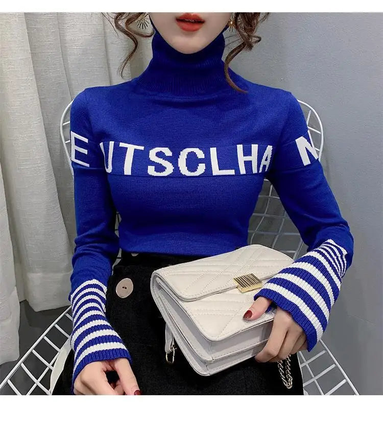Turtleneck Pullovers Femme Autumn Winter Interior Lapping Fashionable Slim Bottoming Shirt Letter Knitting Sweater Striped Tops