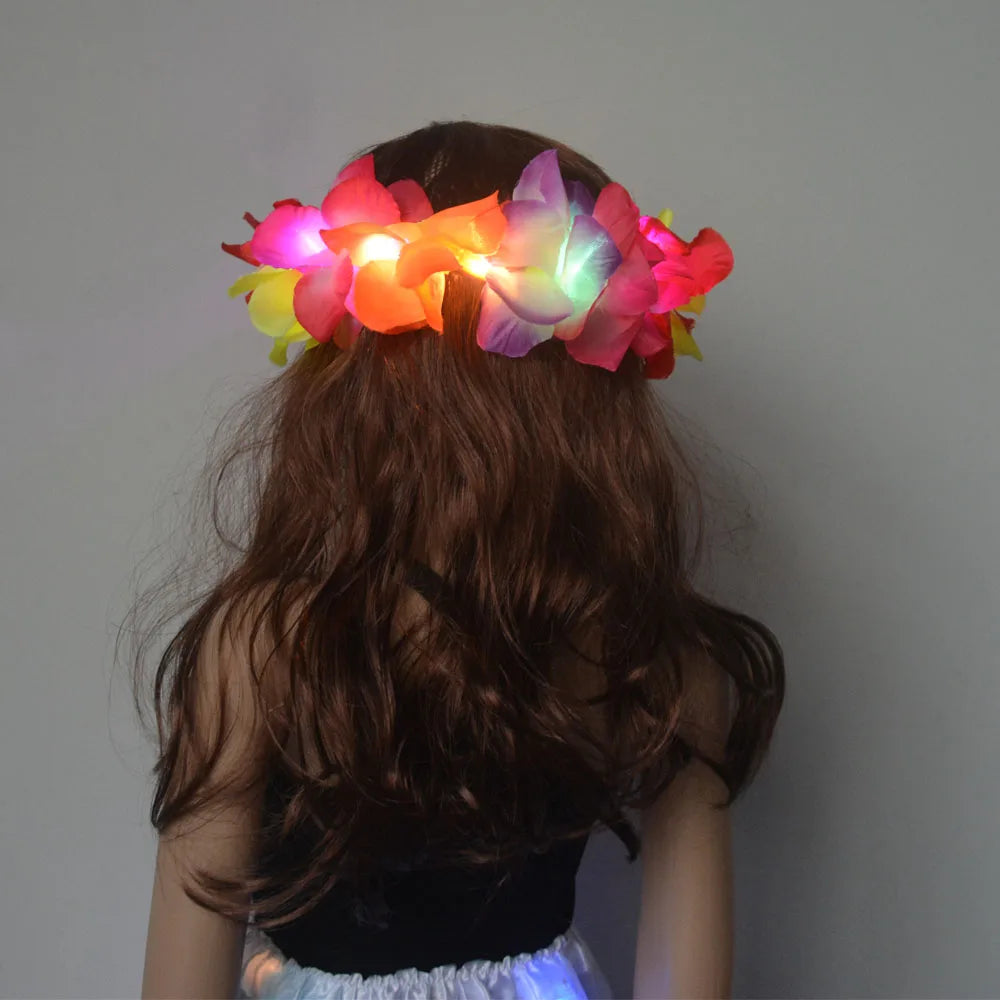 1pcs Women Girl LED Hawaii Hawaiian Lei Headband Glow Light Up Bridesmaids Bridal Flower Crown Wreath Birthday Wedding Party