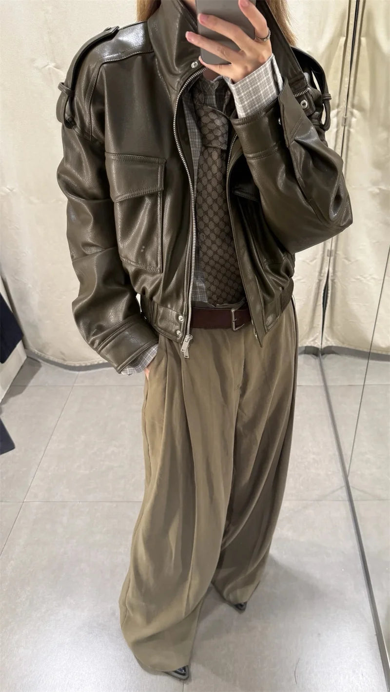 Women's Jacket New Fall 2025 Dark Green Long Sleeve Faux Leather Short Jacket Jacket Biker Style Casual Fashion Personality