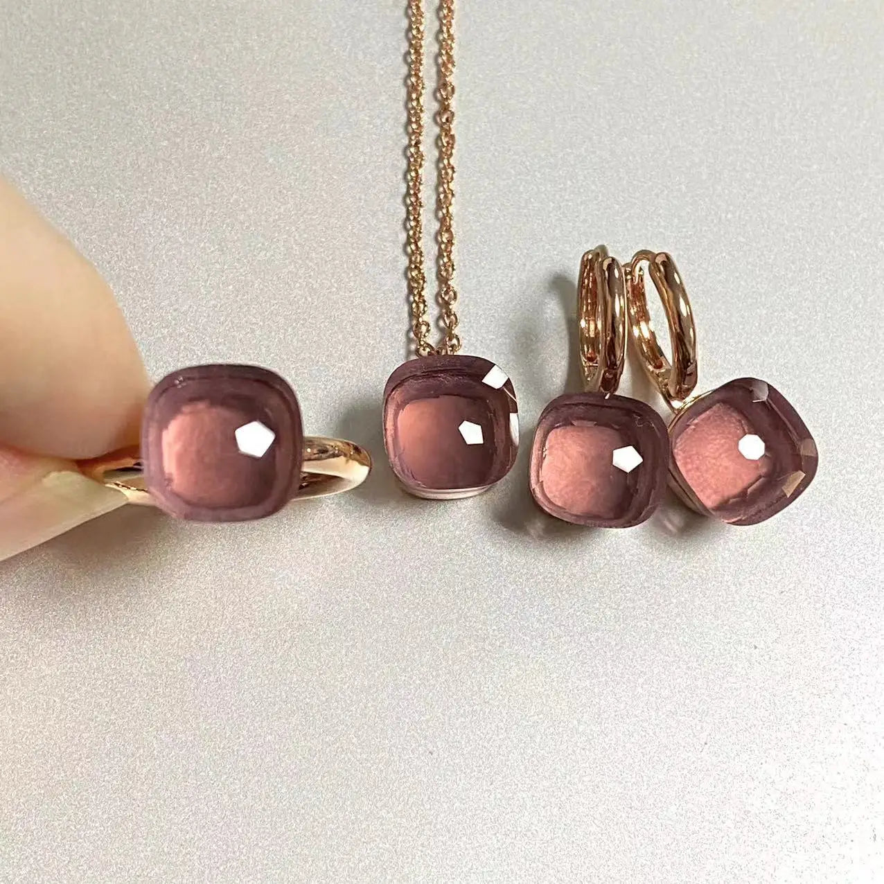 3Pcs/Set Women Ring Earrings Necklace Jewelry Set 34Colors Pink Crystal Jewelry Set Rose Gold Plated Jewelry