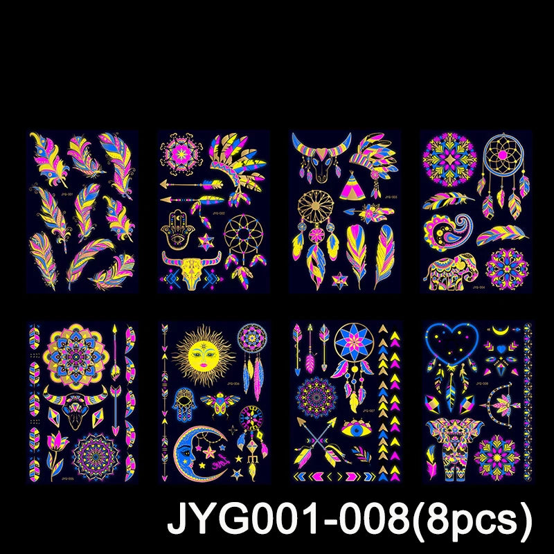 Luminous Temporary Tattoos Stickers Fluorescent Neon In Dark Illuminate Tattoo Elephant/Love Heart Shoulder Tattoo Party Sticker