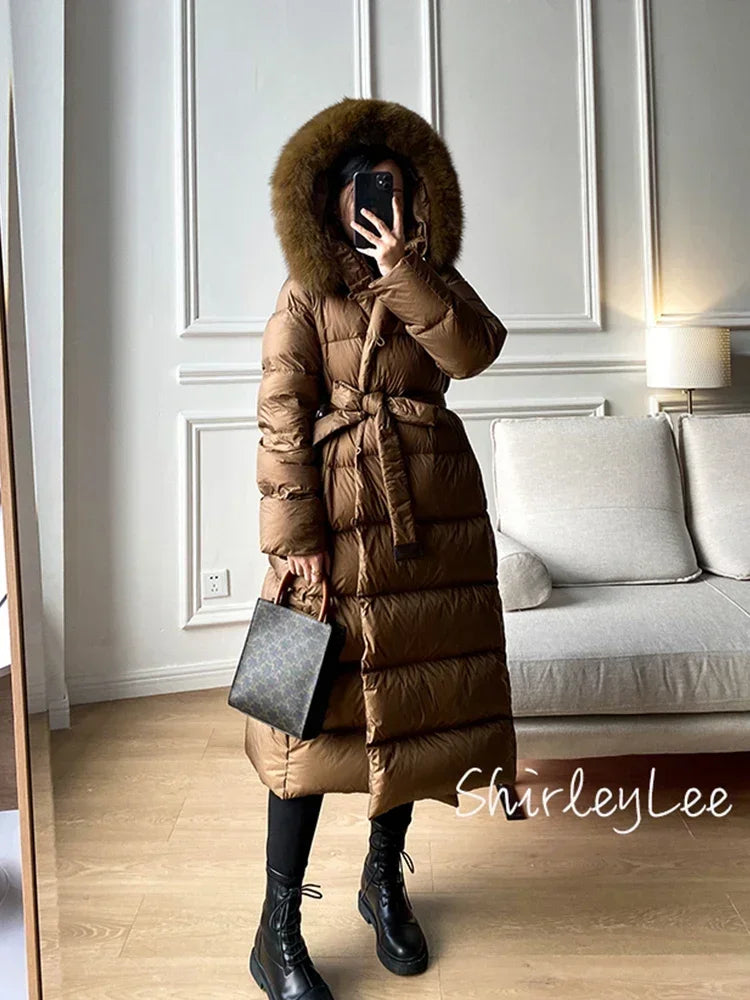 Real Fur Jacket 2024 Winter Women White Duck Down Jackets Ultra Light Warm Long Parkas Fox Fur Collar Female Hooded Snow Coats