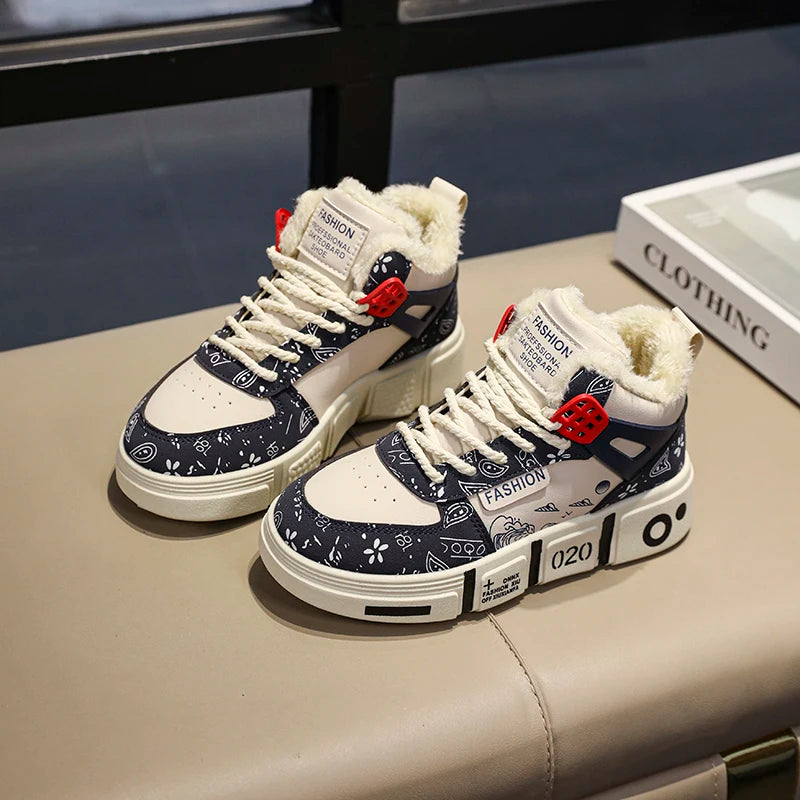 Kids Sneakers Winter Warm Plush Walking Shoes High-top Comfortable Fashion Casual Flat Tennis Shoes Childrens Boots for Boy