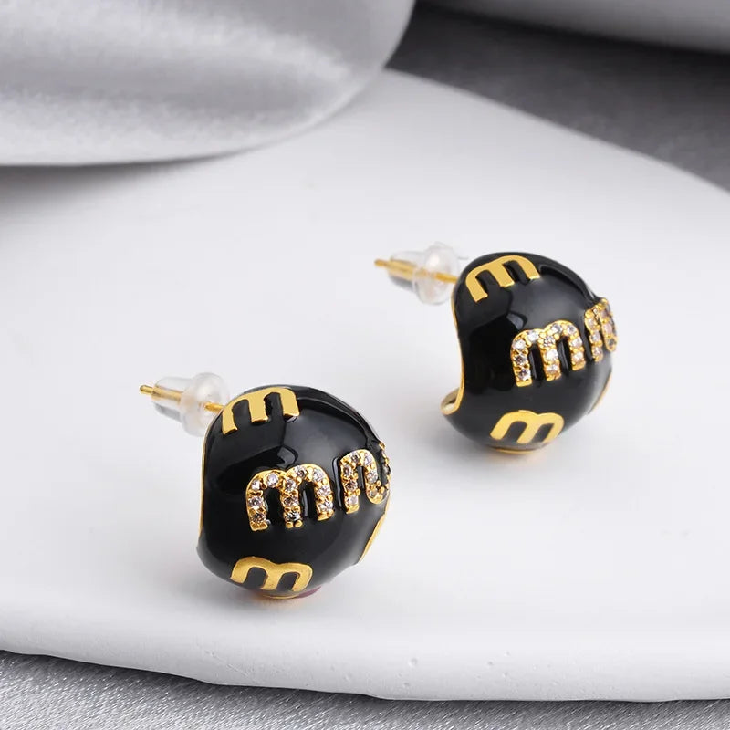 2025 Korea New Design Fashion jewelry 18K gold plated enamel letter M earrings elegant women's daily commute accessory