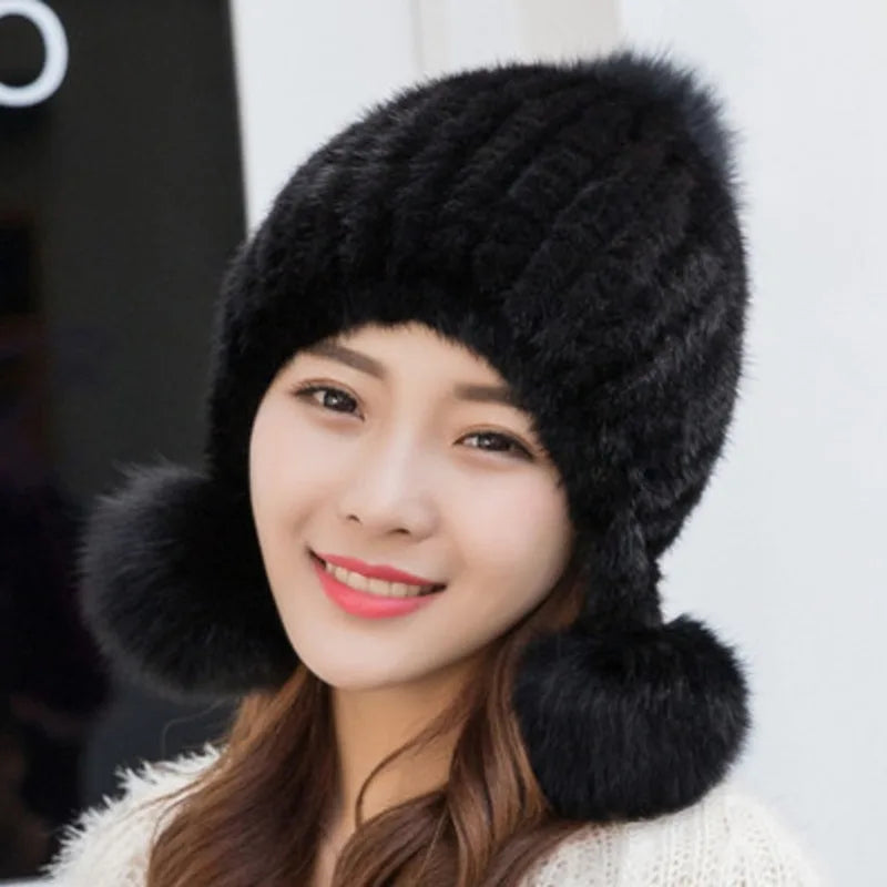 Mink Fur Hat Women Winter Thickened Ear Protection Hat Natural Fur Knitted Caps With Pom Pom Fox Ball Fashion Beanies Fur Hats