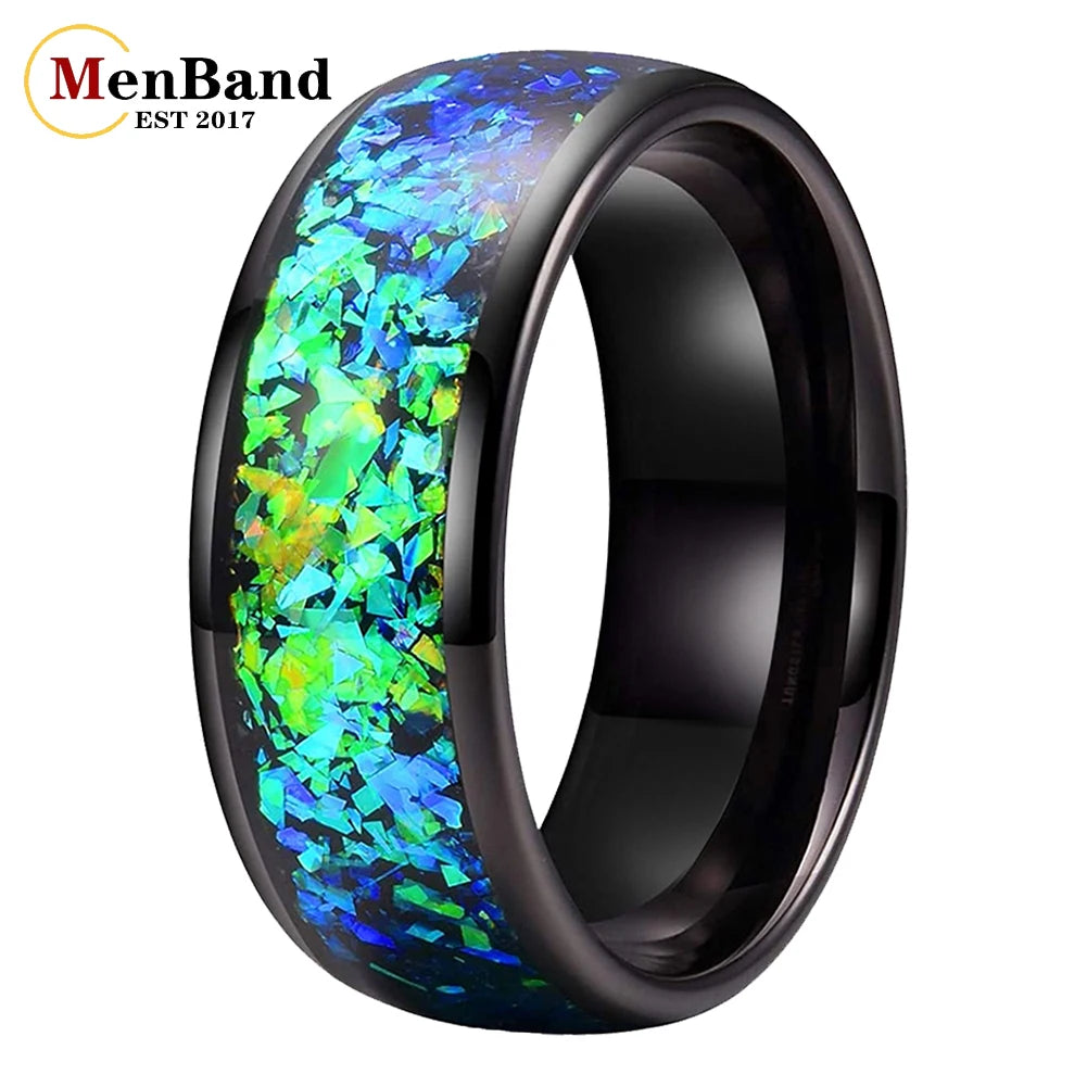 MenBand Fashion New Arrivals 8MM Tungsten Wedding Band Ring Middle Groove Inlaid With Blue Opal Domed Polished Comfort Fit