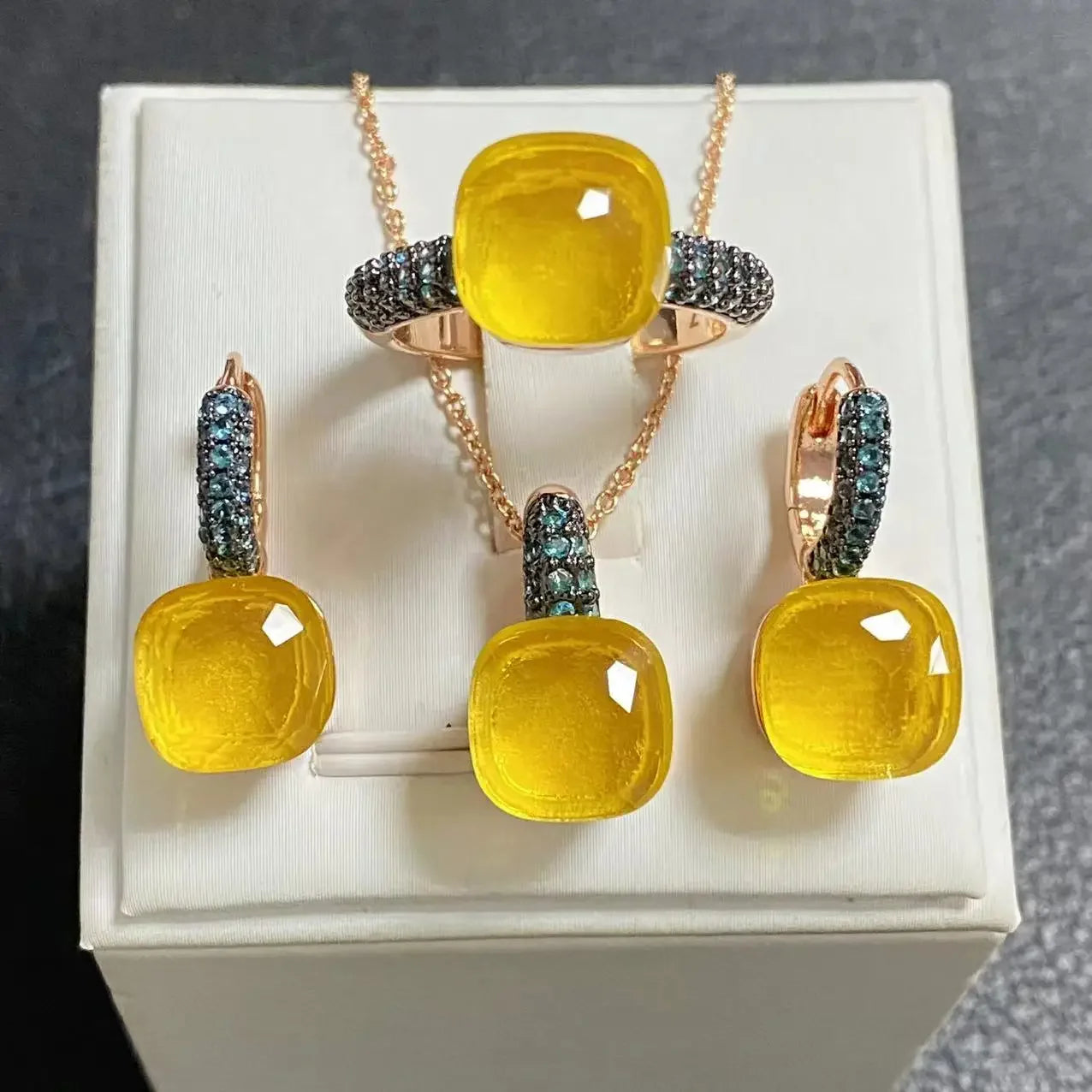 3Pcs Gun Black Plated Blue Zircon Jewelry Set for Women Includes Ring Earrings Necklace Elegant Crystal Blue Topaz Matching Gift