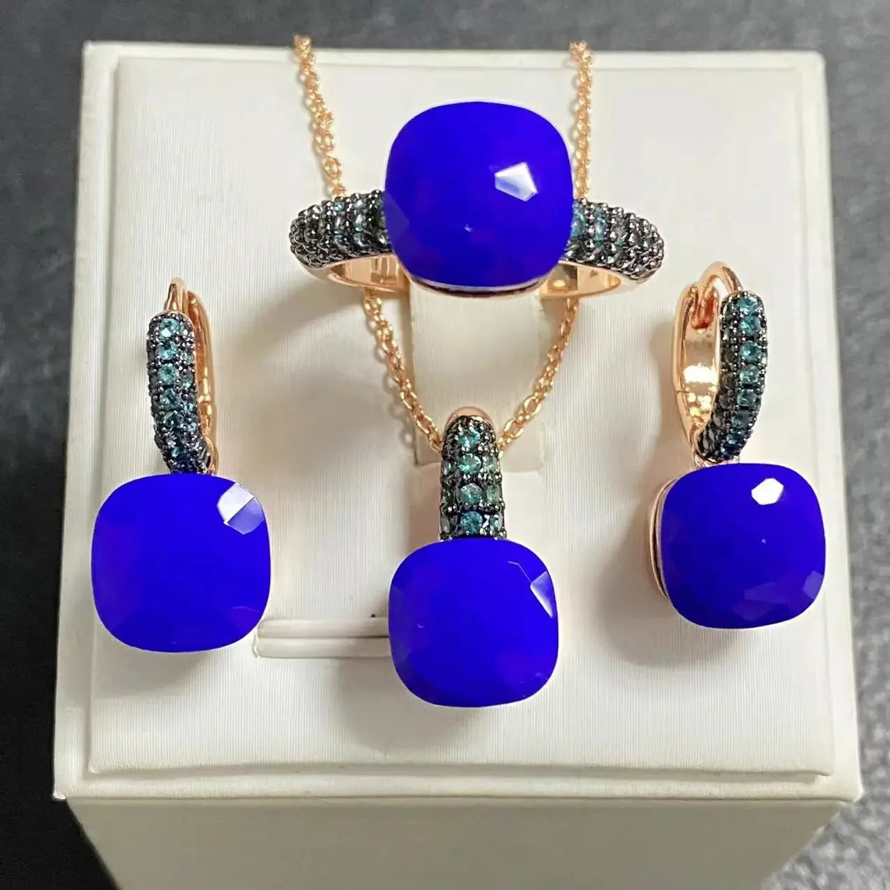 3Pcs Gun Black Plated Blue Zircon Jewelry Set for Women Includes Ring Earrings Necklace Elegant Crystal Blue Topaz Matching Gift