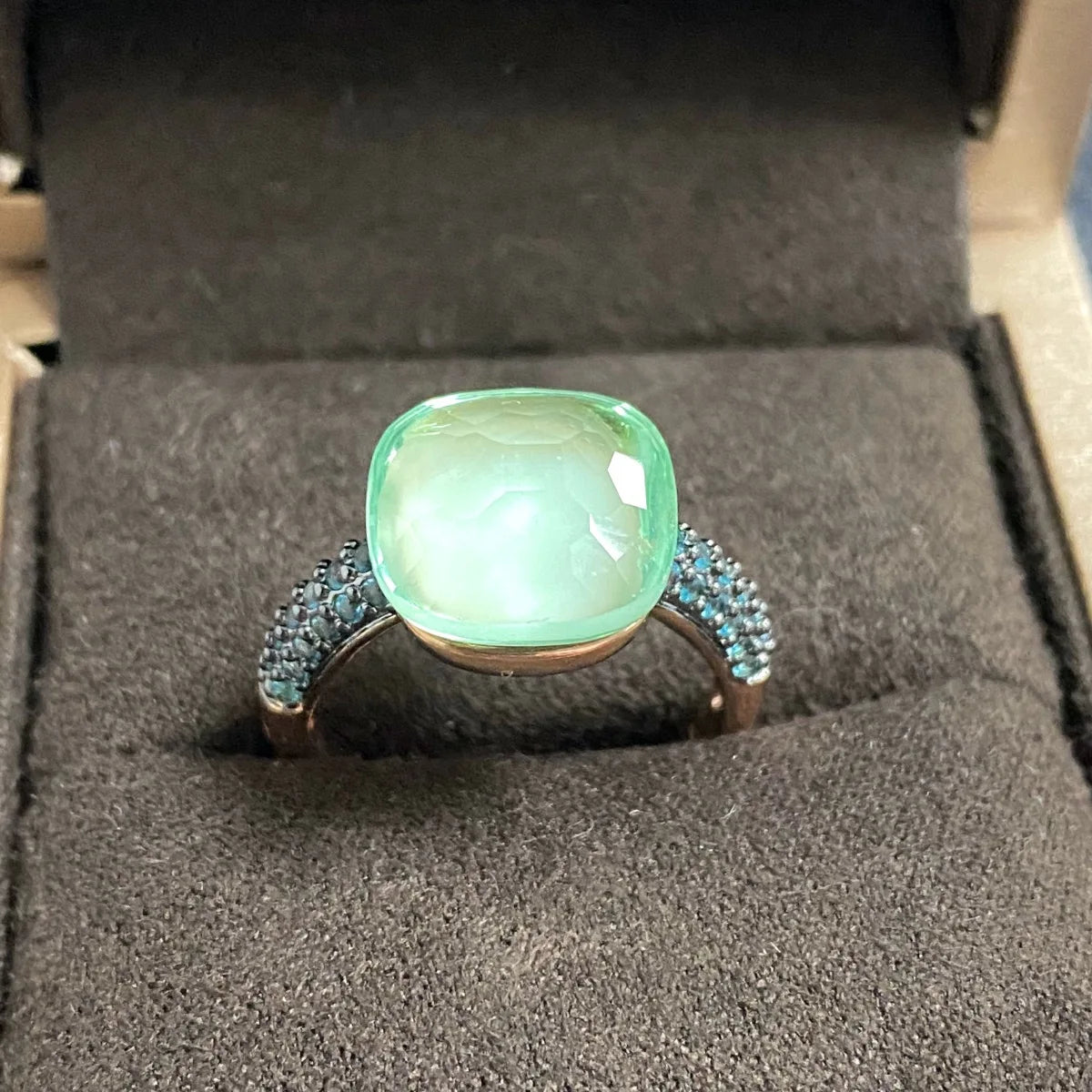 Blue Topaz Ring Inlay Black Zircon With Black Gun Plated 12.6mm Flat Crystal Ring For Women Party Fashion Jewelry Gift