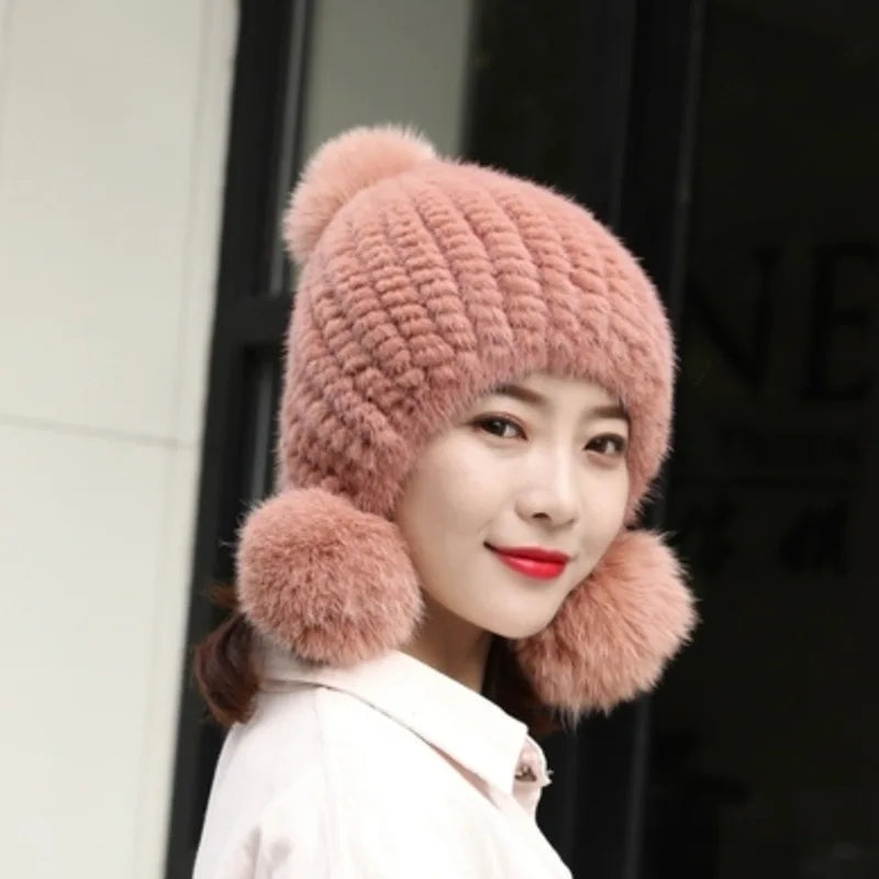 Mink Fur Hat Women Winter Thickened Ear Protection Hat Natural Fur Knitted Caps With Pom Pom Fox Ball Fashion Beanies Fur Hats