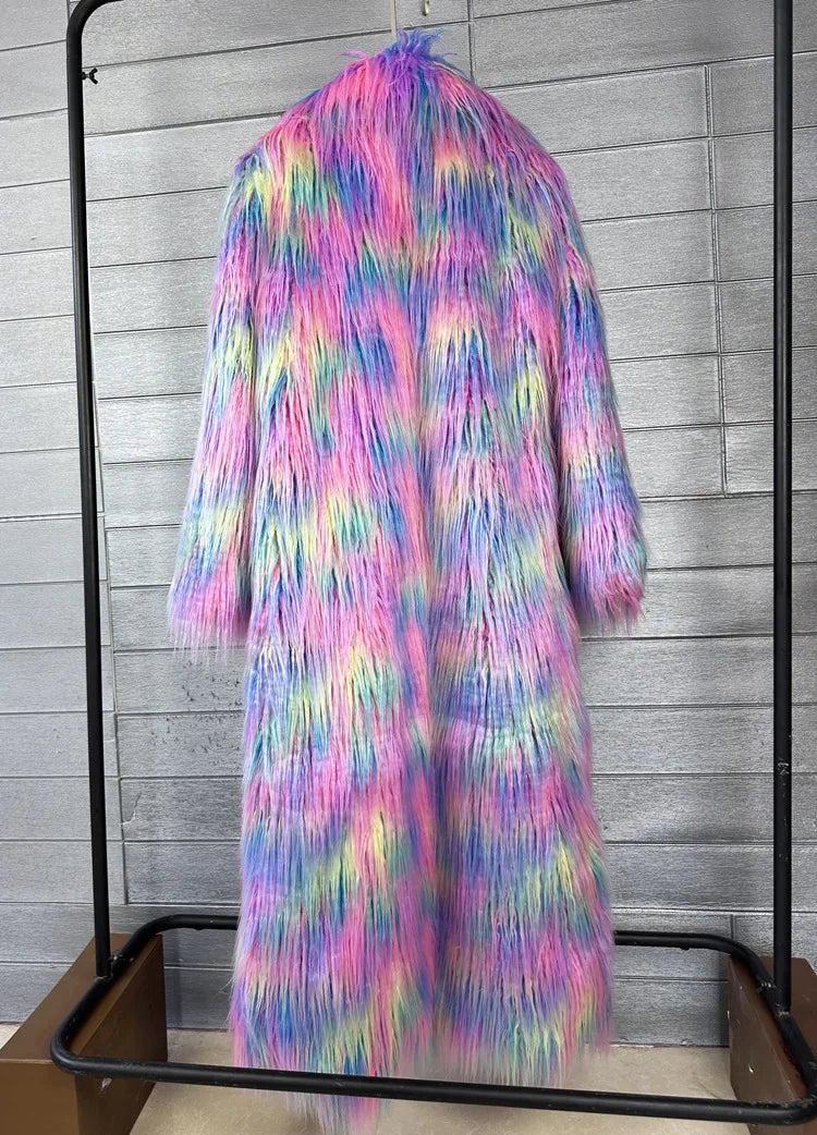 DEAT 2025 Winter New Items Imitation Colorful Long Coat For Women Faux Fur Suit Collar Long Sleeve Trench Jacket Female 11A05577